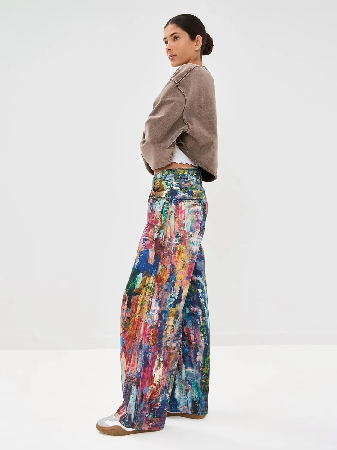 Angsuttc Women's Pants Faux Denim Printed Wide Leg Pant Baggy Elastic Waist Fake Jean 3D Digital Print Pant