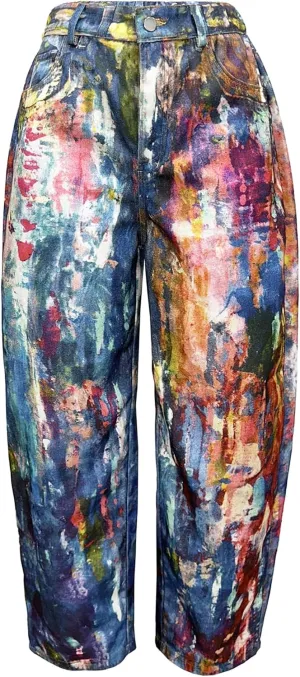 Angsuttc Women's Pants Faux Denim Printed Wide Leg Pant Baggy Elastic Waist Fake Jean 3D Digital Print Pant