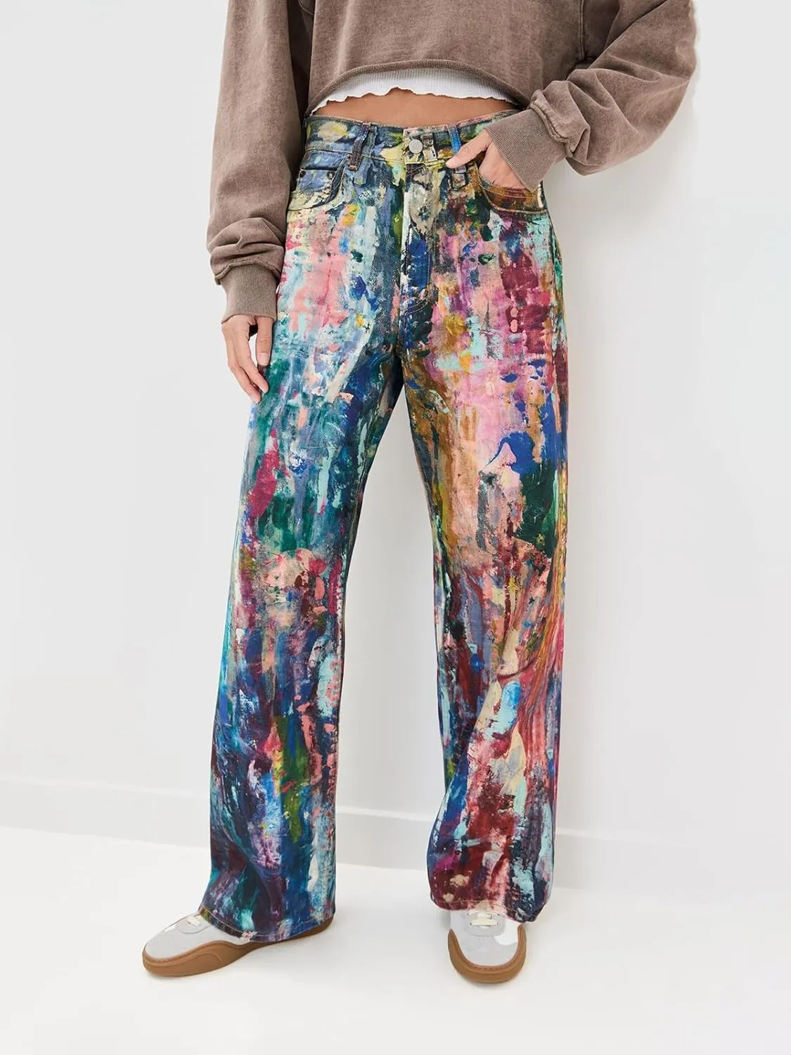 Angsuttc Women's Pants Faux Denim Printed Wide Leg Pant Baggy Elastic Waist Fake Jean 3D Digital Print Pant