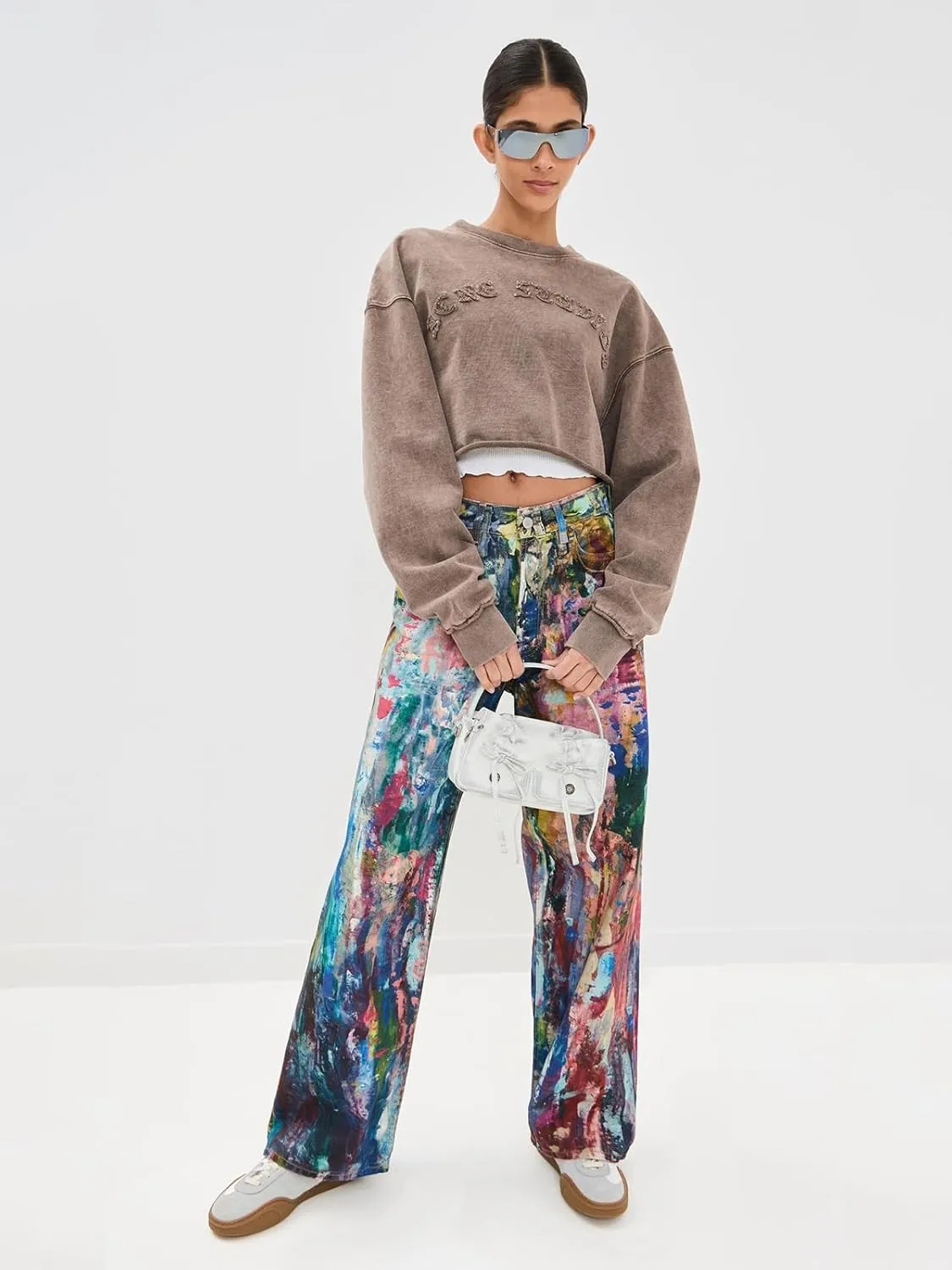 Angsuttc Women's Pants Faux Denim Printed Wide Leg Pant Baggy Elastic Waist Fake Jean 3D Digital Print Pant