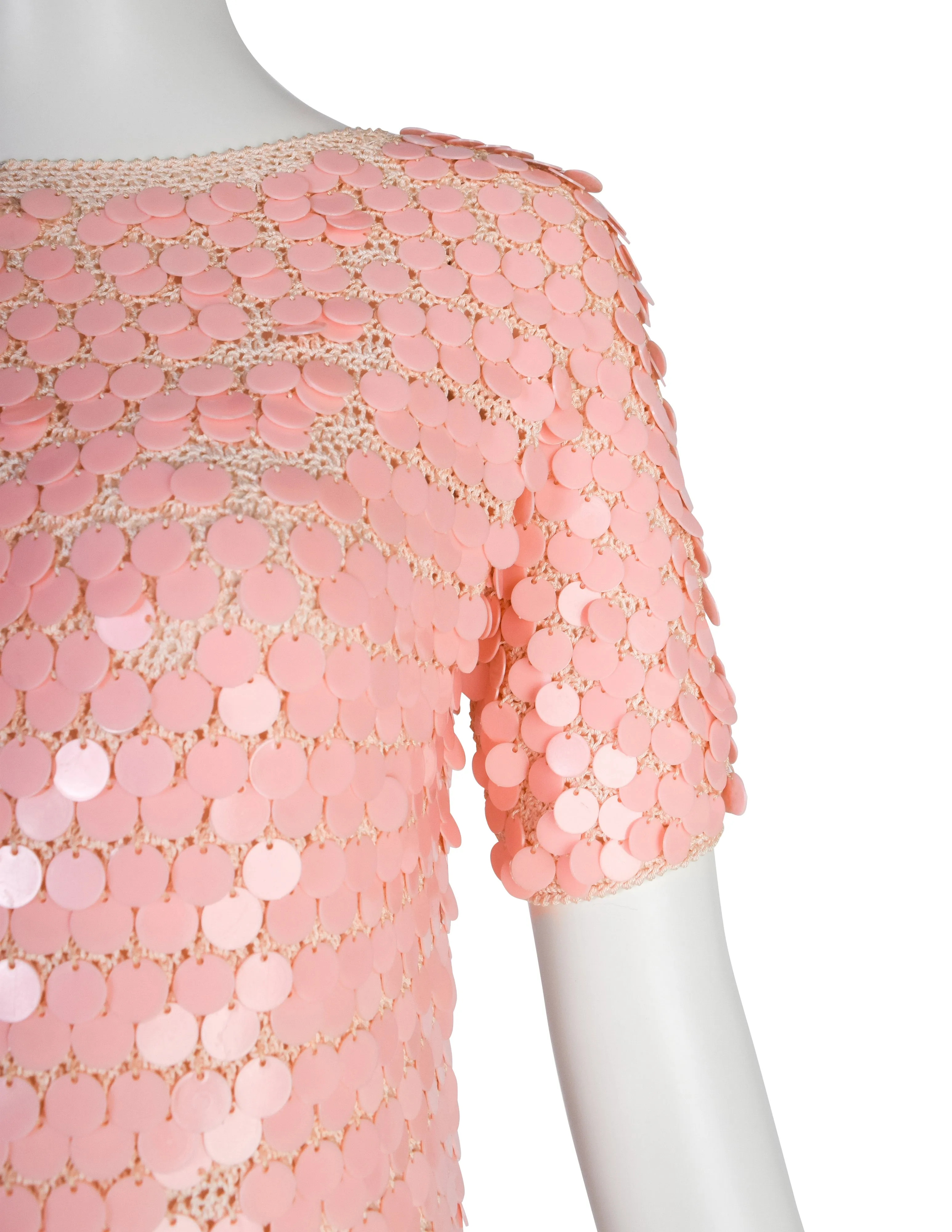 Anne Rubin Vintage 1960s Baby Pink Plastic Paillette Embellished Crochet Sweater