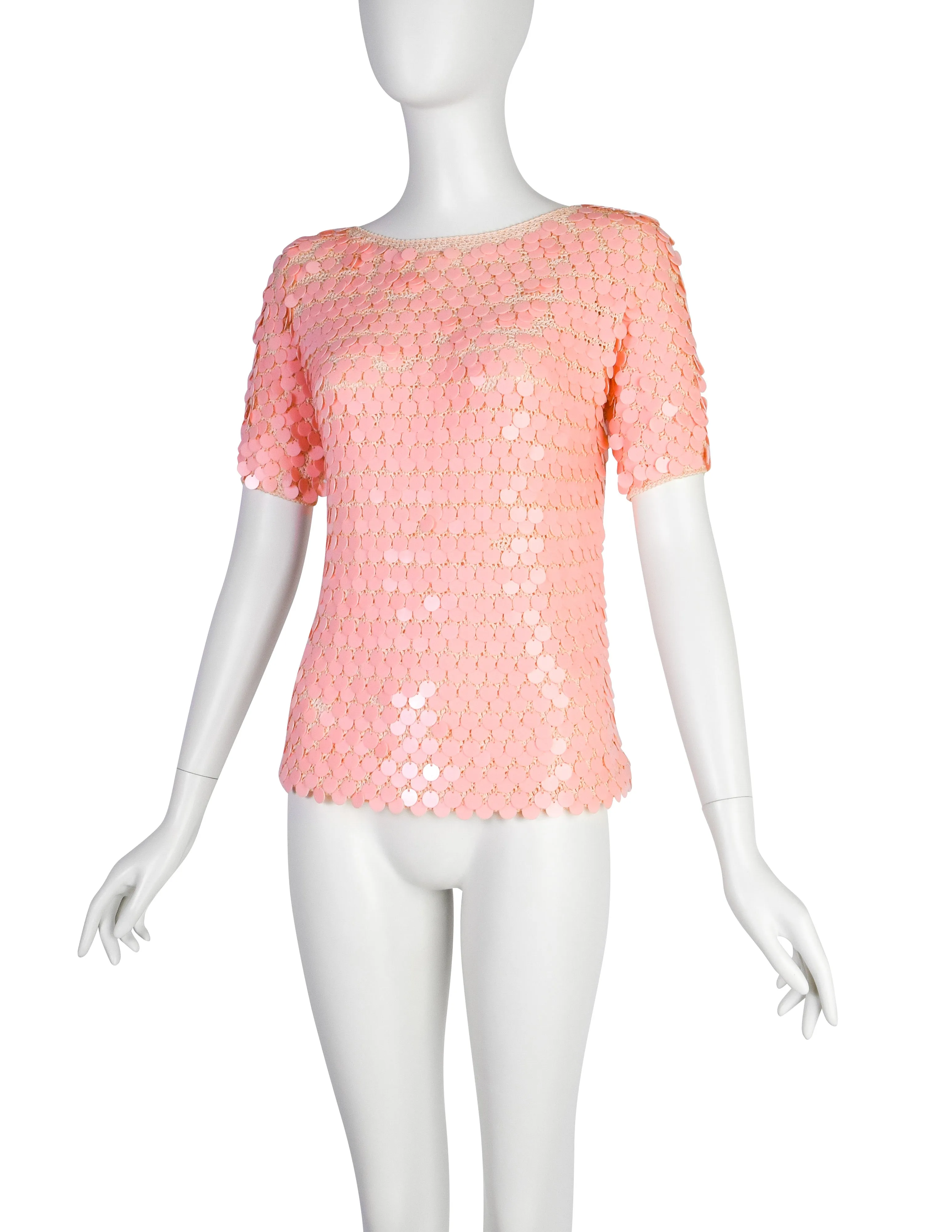 Anne Rubin Vintage 1960s Baby Pink Plastic Paillette Embellished Crochet Sweater
