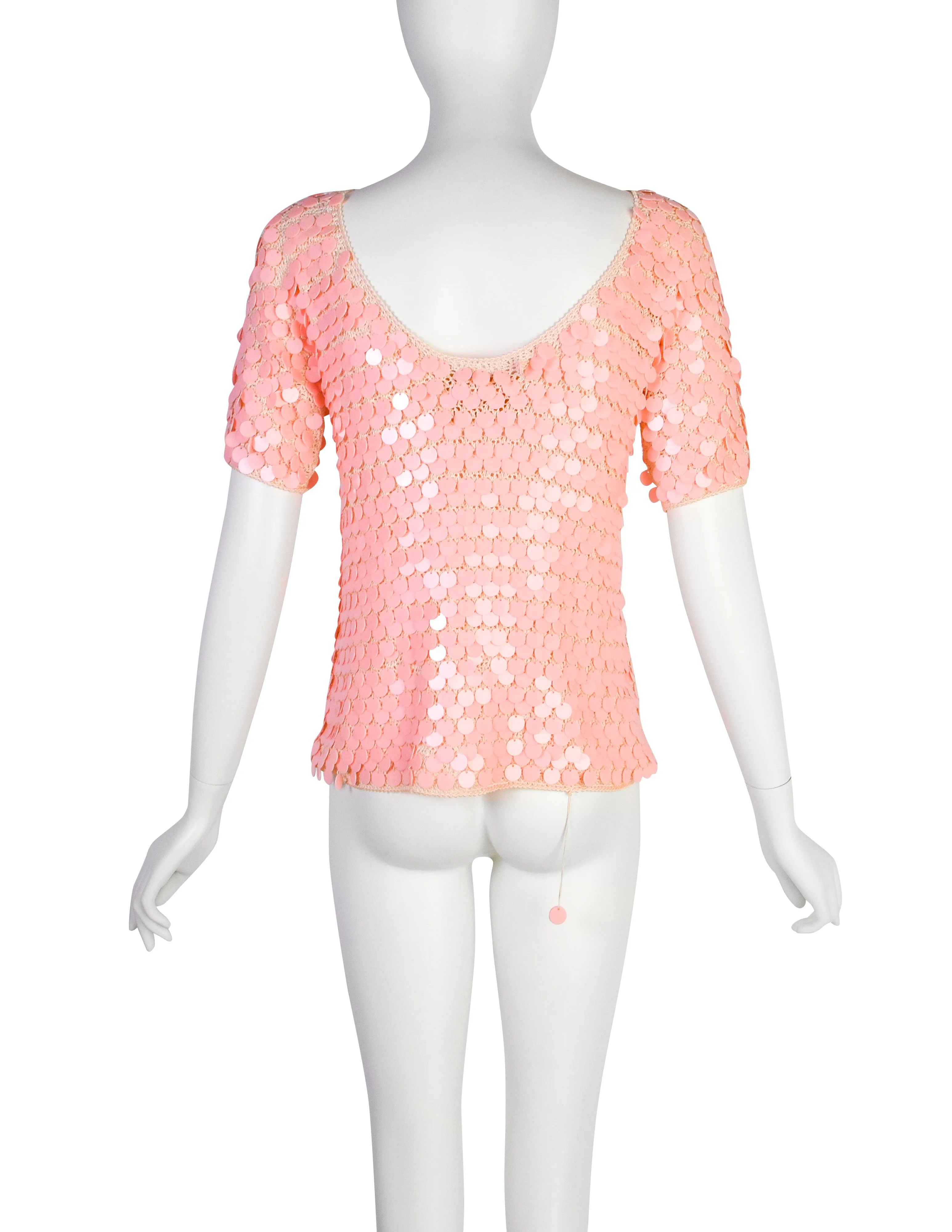 Anne Rubin Vintage 1960s Baby Pink Plastic Paillette Embellished Crochet Sweater