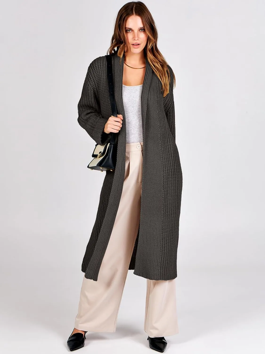 ANRABESS Women Knit Long Cardigan Long Sleeve Open Front Lapel Oversized Sweater Coat 2025 Fall Duster Outerwear Clothes
