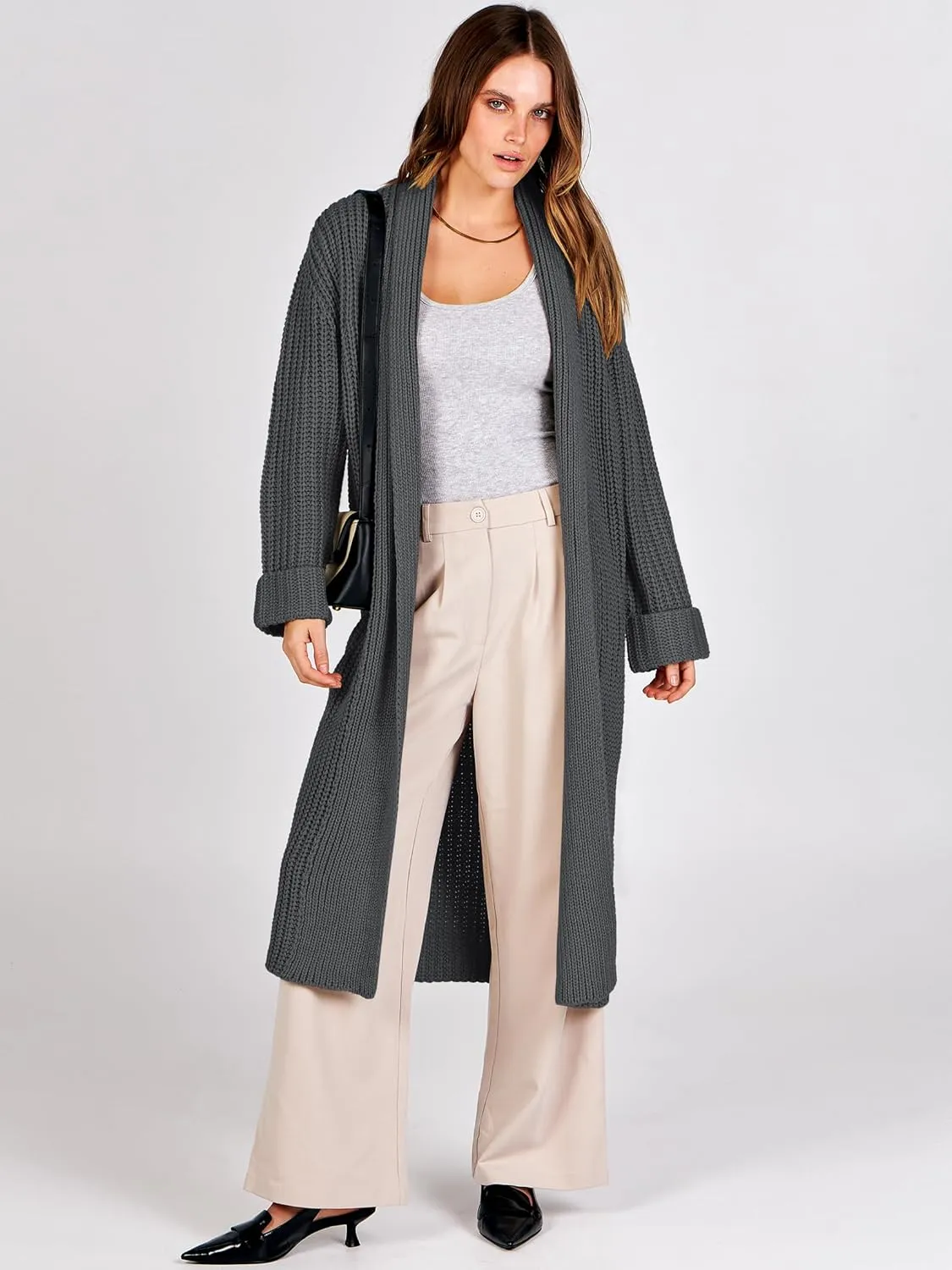 ANRABESS Women Knit Long Cardigan Long Sleeve Open Front Lapel Oversized Sweater Coat 2025 Fall Duster Outerwear Clothes