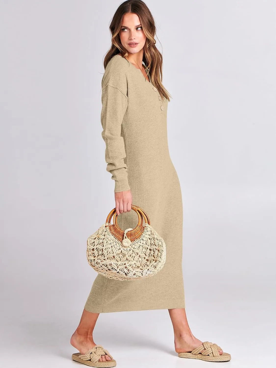 ANRABESS Women Long Sleeve Button V Neck Oversized Casual Loose Fit Waffle Knit Fall Midi Sweater Dress 2025 Trendy Outfits