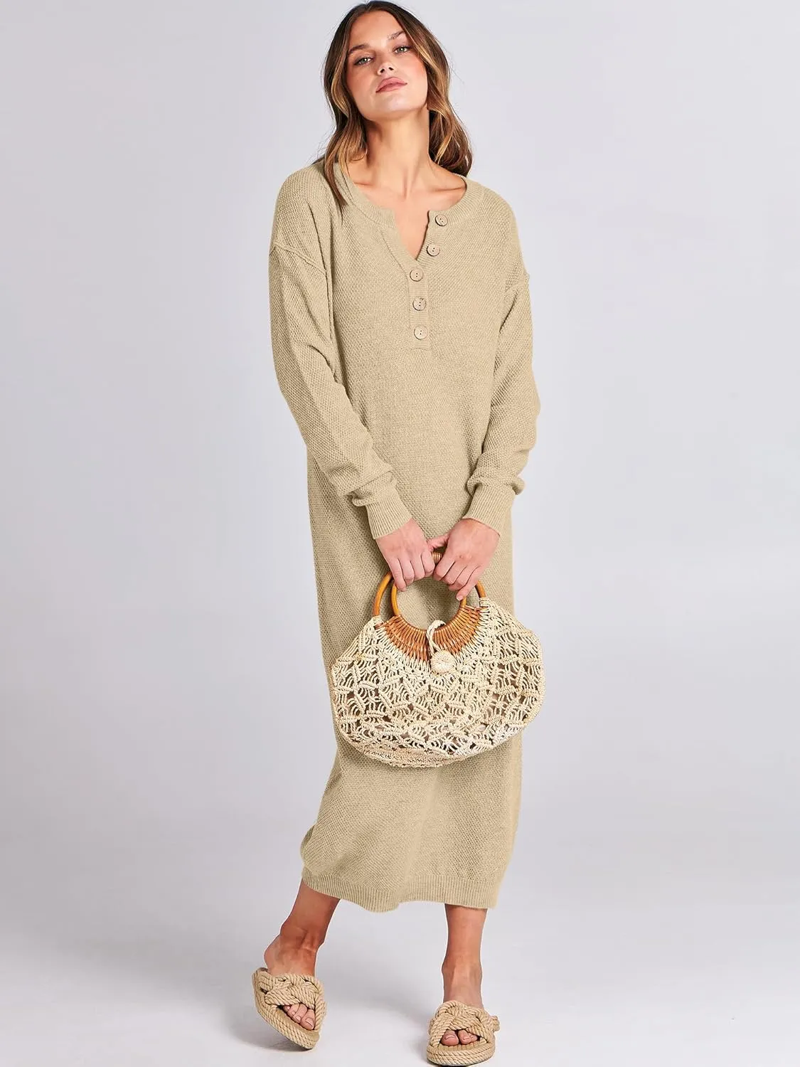 ANRABESS Women Long Sleeve Button V Neck Oversized Casual Loose Fit Waffle Knit Fall Midi Sweater Dress 2025 Trendy Outfits