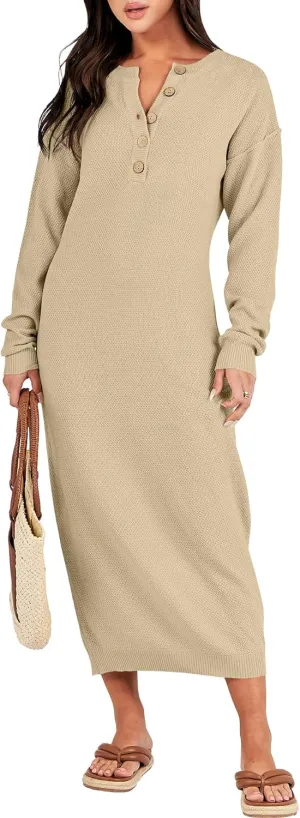 ANRABESS Women Long Sleeve Button V Neck Oversized Casual Loose Fit Waffle Knit Fall Midi Sweater Dress 2025 Trendy Outfits