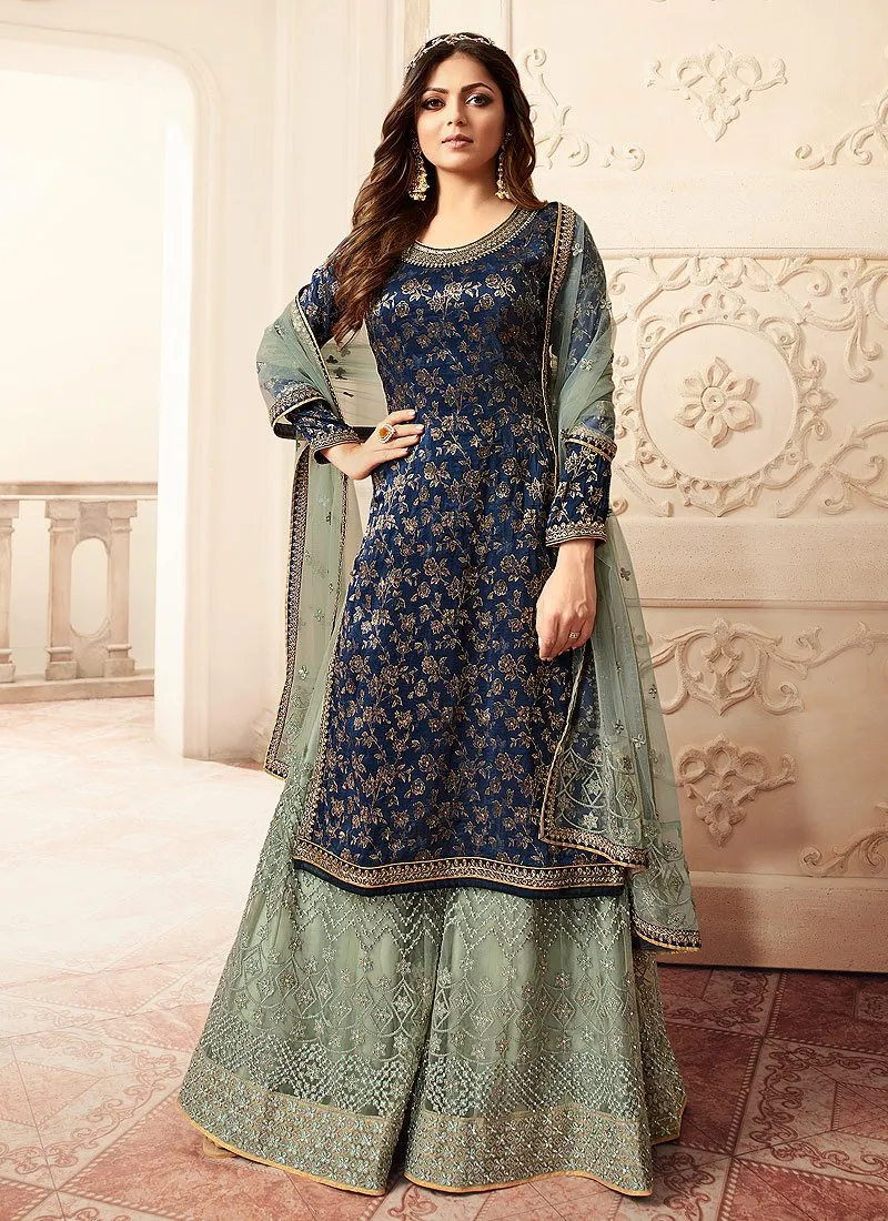 Attractive Blue Embroidered Designer Jacquard Sharara Suit