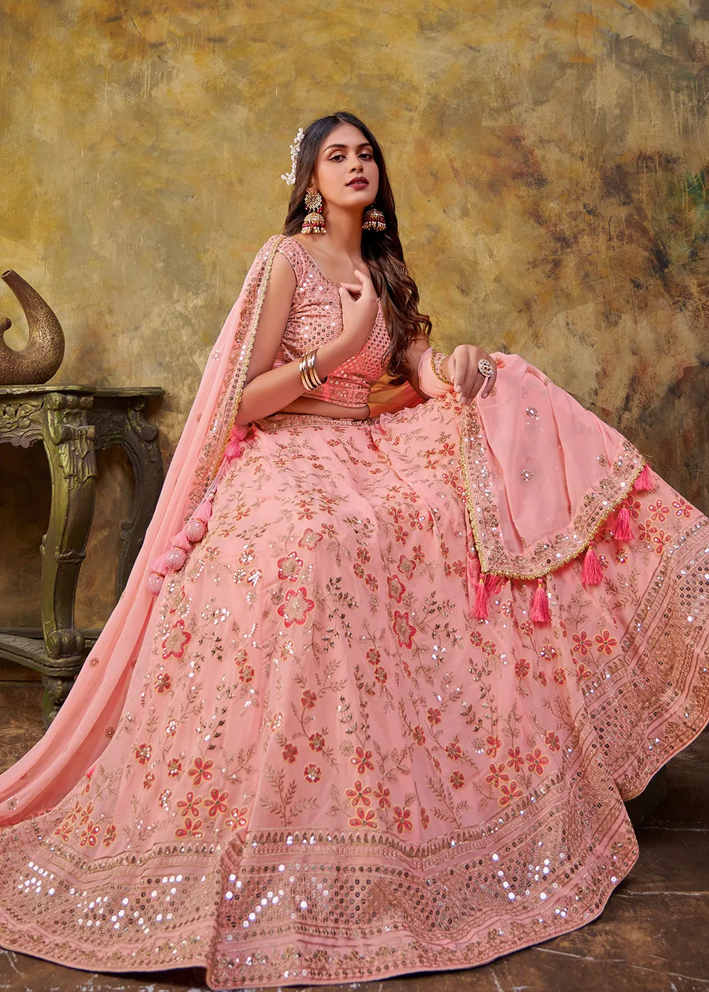 Baby Pink Premium Georgette Sequins Wedding Lehenga Choli