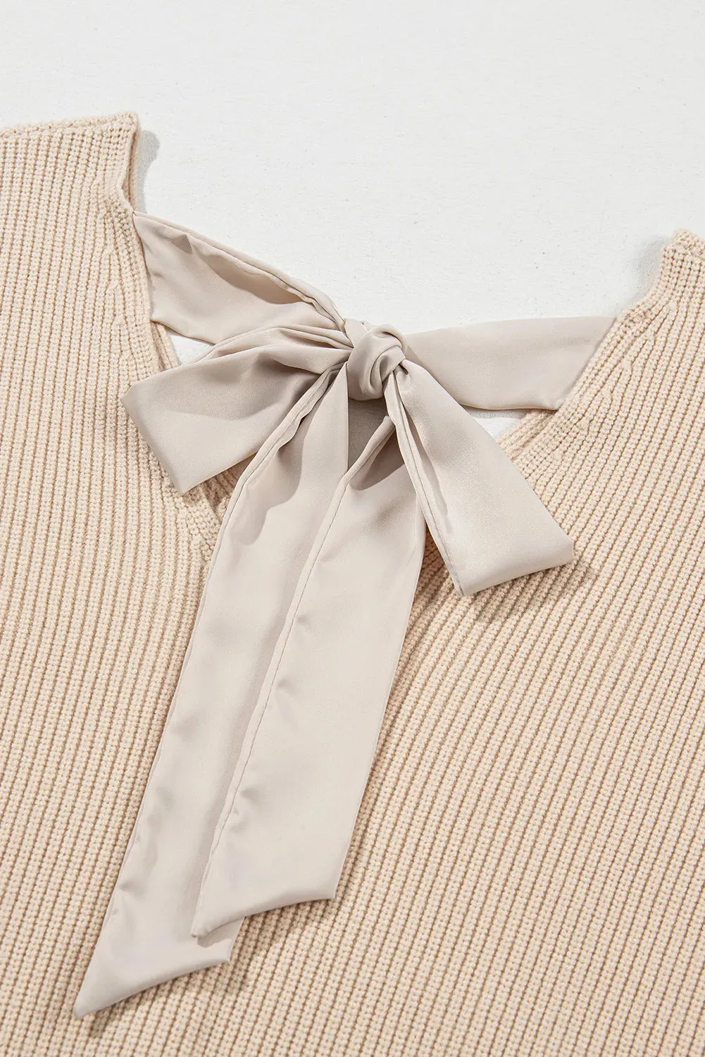 Back Bow Sweater Nude Casual Women's Fashion Tied V-Neck Long Sleeve Sweater