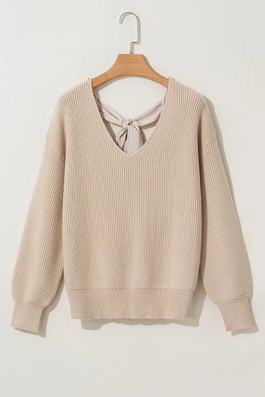 Back Bow Sweater Nude Casual Women's Fashion Tied V-Neck Long Sleeve Sweater