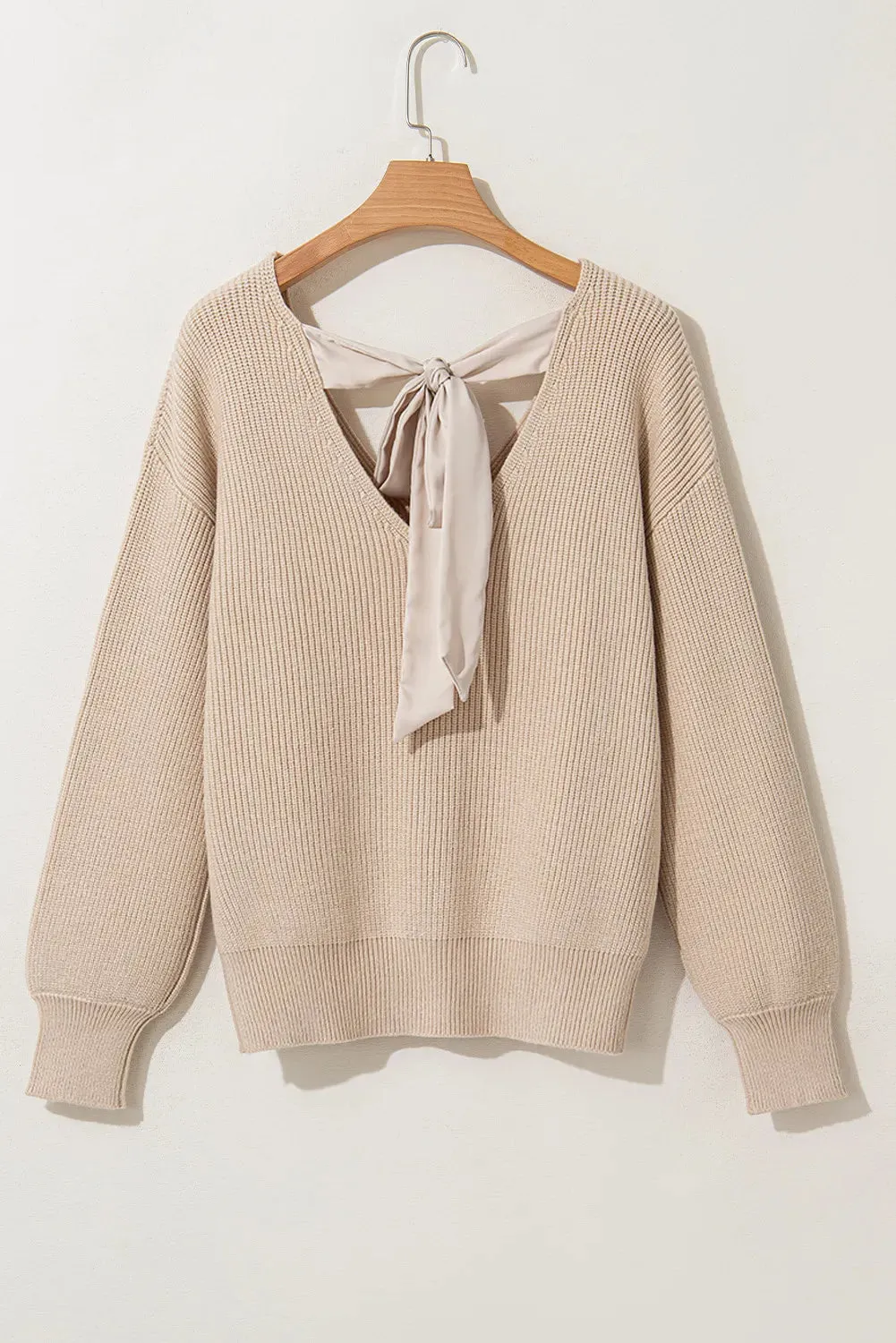 Back Bow Sweater Nude Casual Women's Fashion Tied V-Neck Long Sleeve Sweater