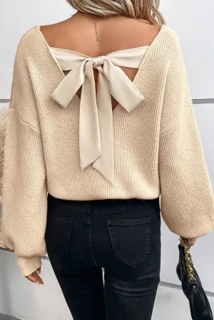 Back Bow Sweater Nude Casual Women's Fashion Tied V-Neck Long Sleeve Sweater