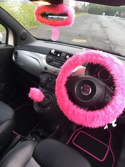 Barbie Pink fuzzy faux fur car steering wheel cover