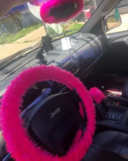 Barbie Pink fuzzy faux fur car steering wheel cover