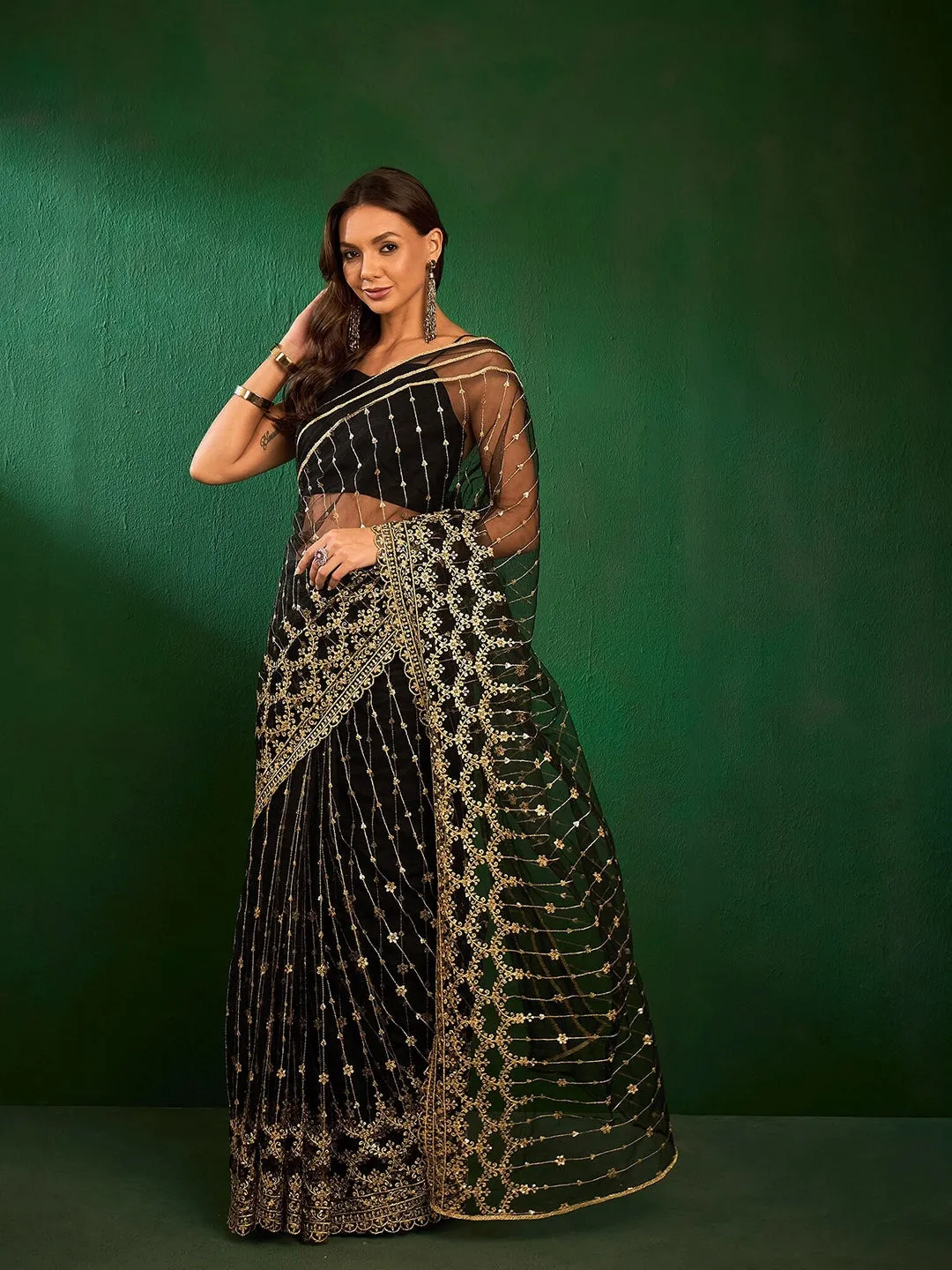 Black Floral Sequinned Embroidered Saree