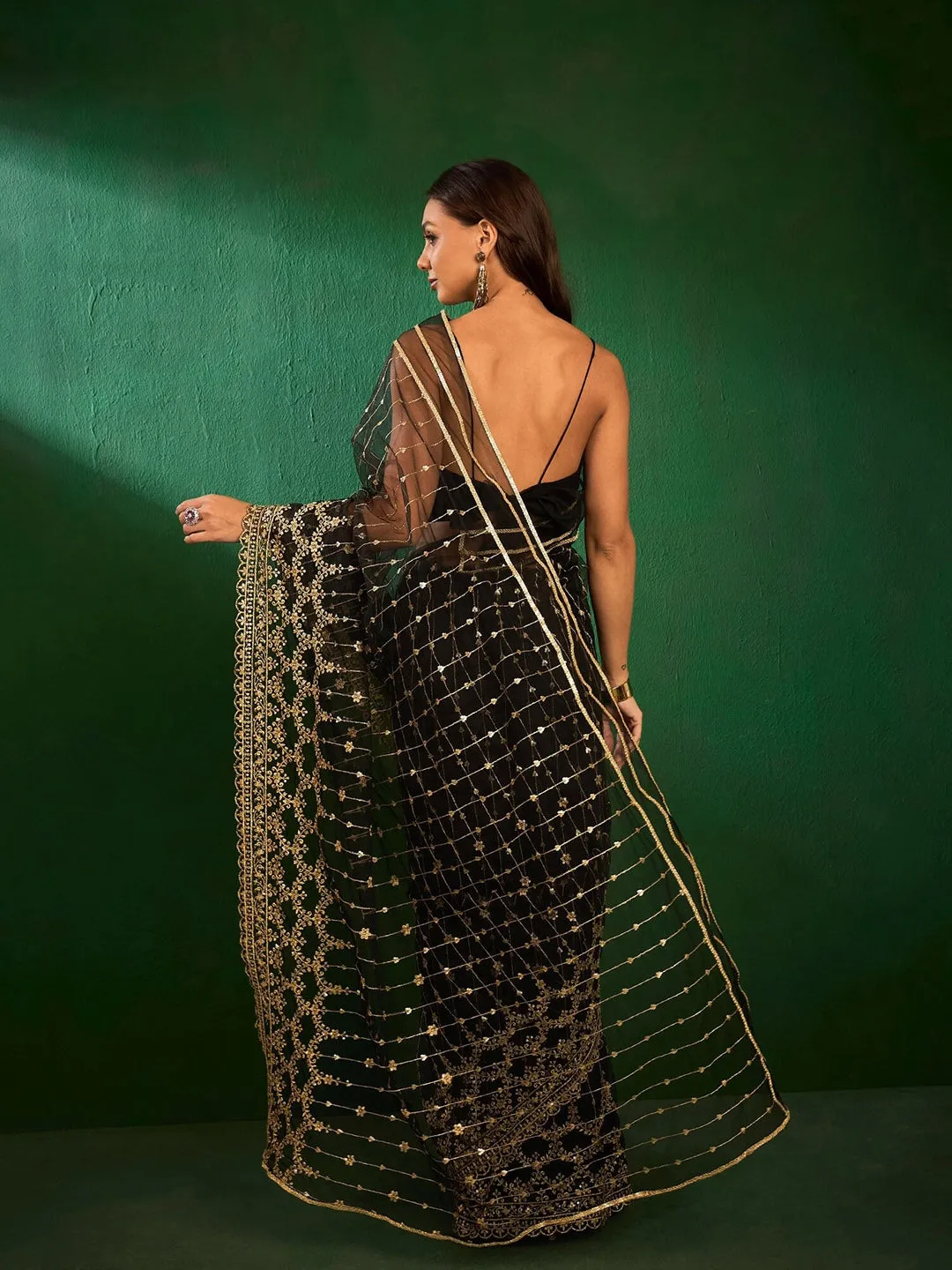 Black Floral Sequinned Embroidered Saree