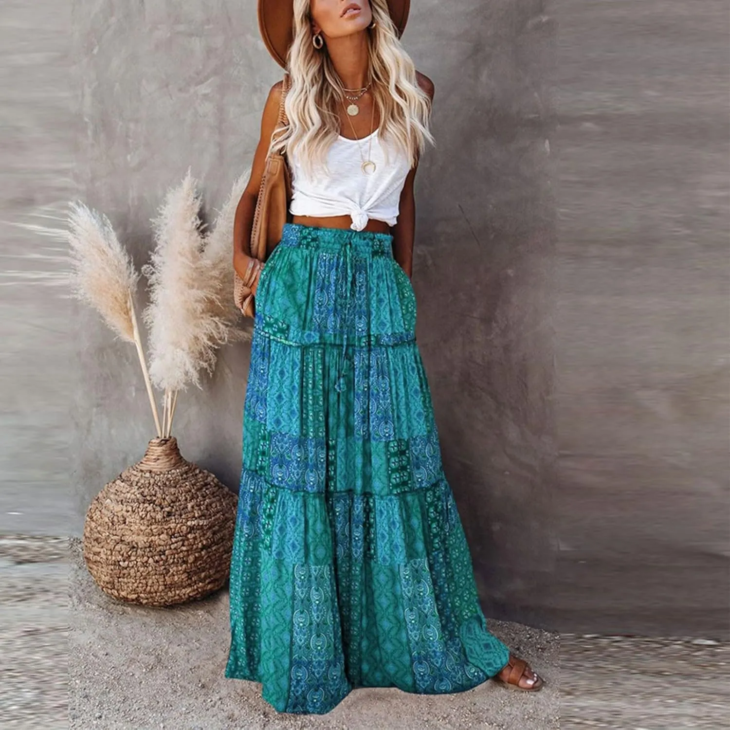 Boho Maxi Skirts for Women 2025 Drawstring High Waisted Tiered Long Flowy Skirt Casual Beach Bohemian A-Line Skirt