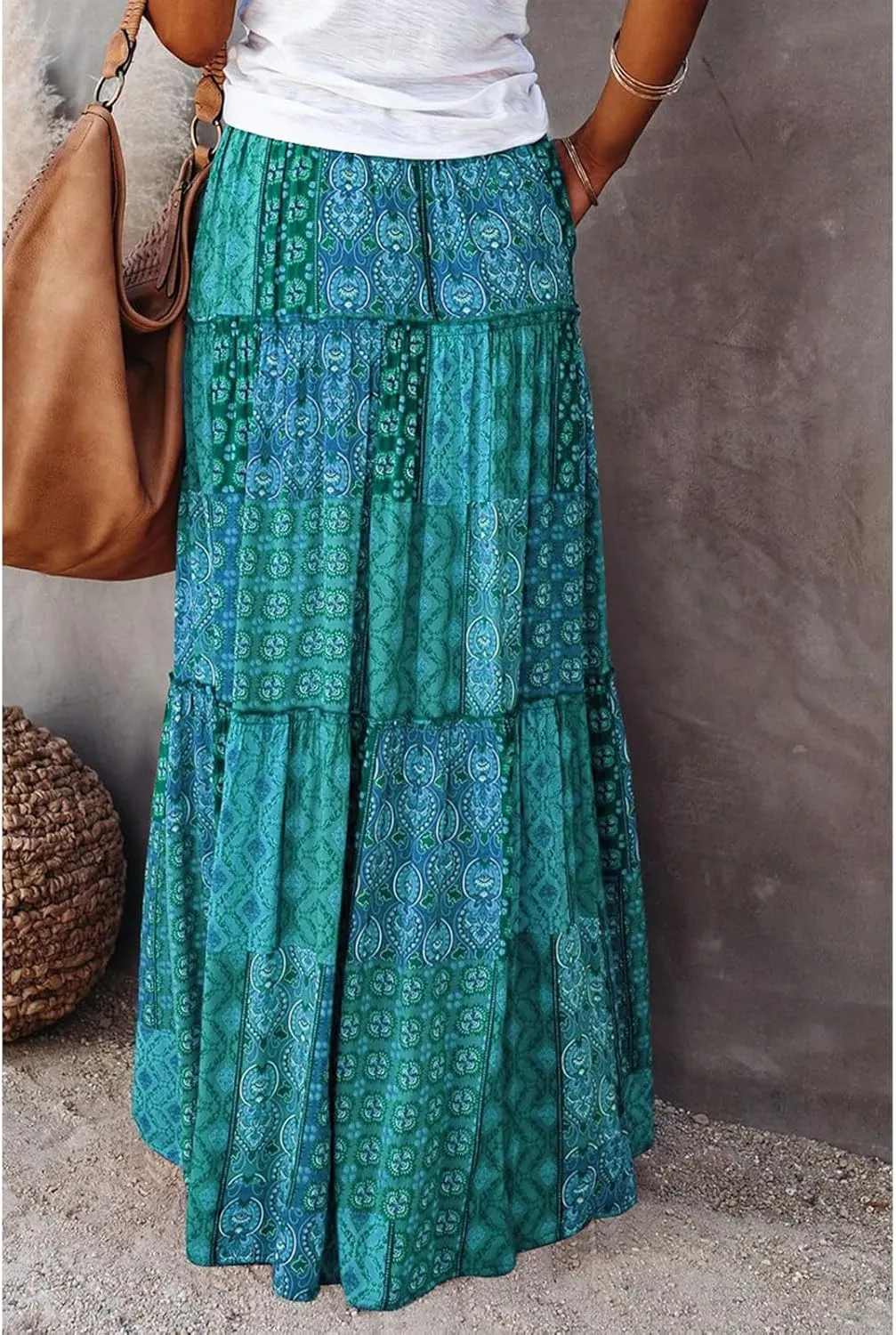 Boho Maxi Skirts for Women 2025 Drawstring High Waisted Tiered Long Flowy Skirt Casual Beach Bohemian A-Line Skirt
