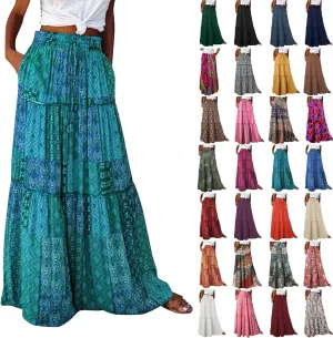 Boho Maxi Skirts for Women 2025 Drawstring High Waisted Tiered Long Flowy Skirt Casual Beach Bohemian A-Line Skirt