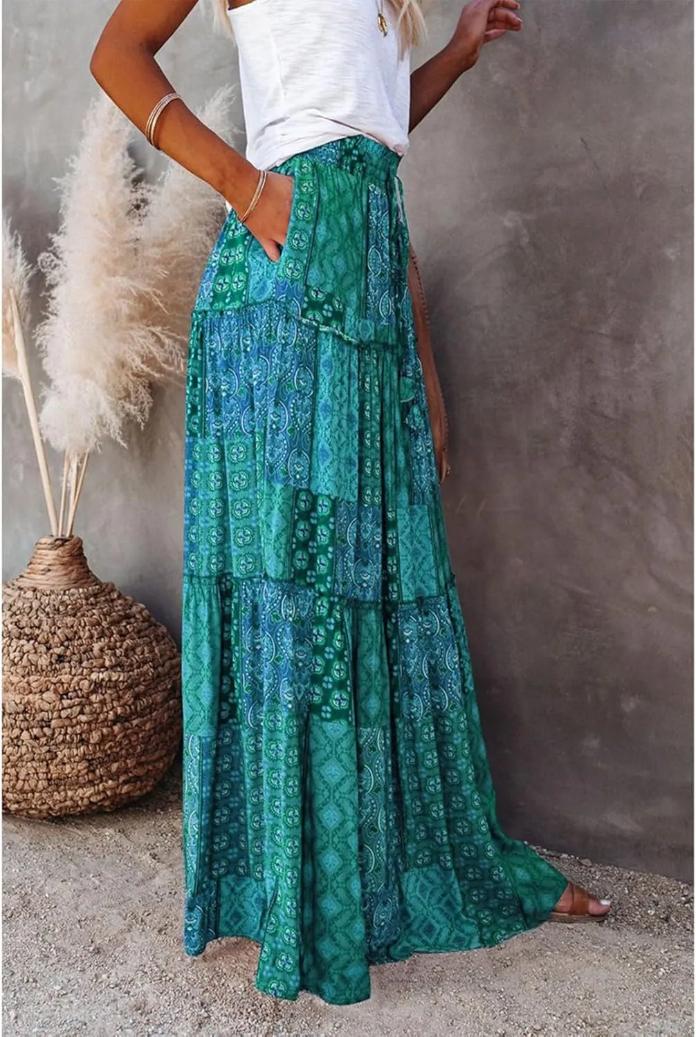 Boho Maxi Skirts for Women 2025 Drawstring High Waisted Tiered Long Flowy Skirt Casual Beach Bohemian A-Line Skirt