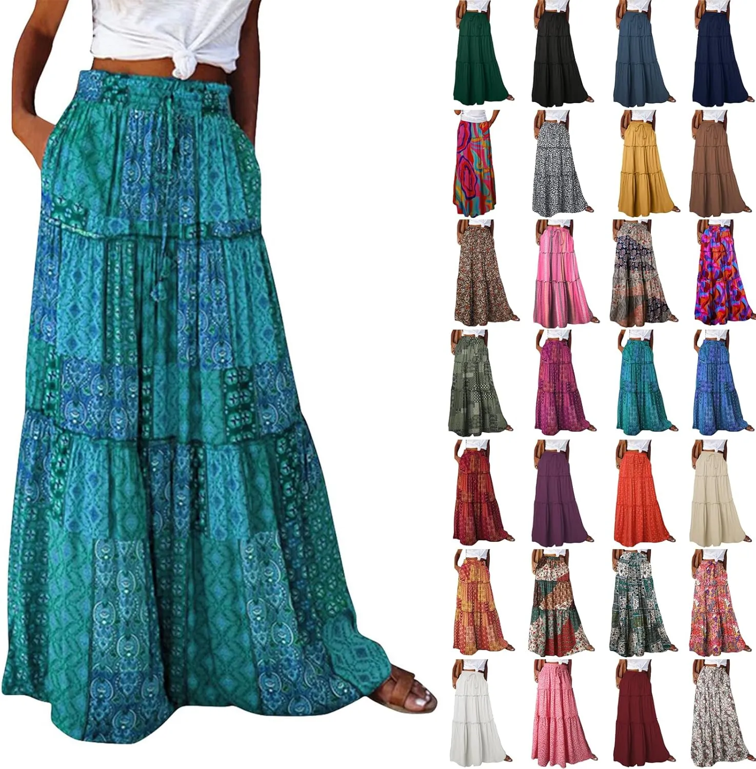 Boho Maxi Skirts for Women 2025 Drawstring High Waisted Tiered Long Flowy Skirt Casual Beach Bohemian A-Line Skirt