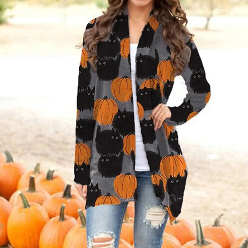 BOUTIKOME Women's Halloween Cat Pumpkin Cardigan Long Sleeve Open Front Knit Outwear Coat Plus Size Knitting Sweater Top