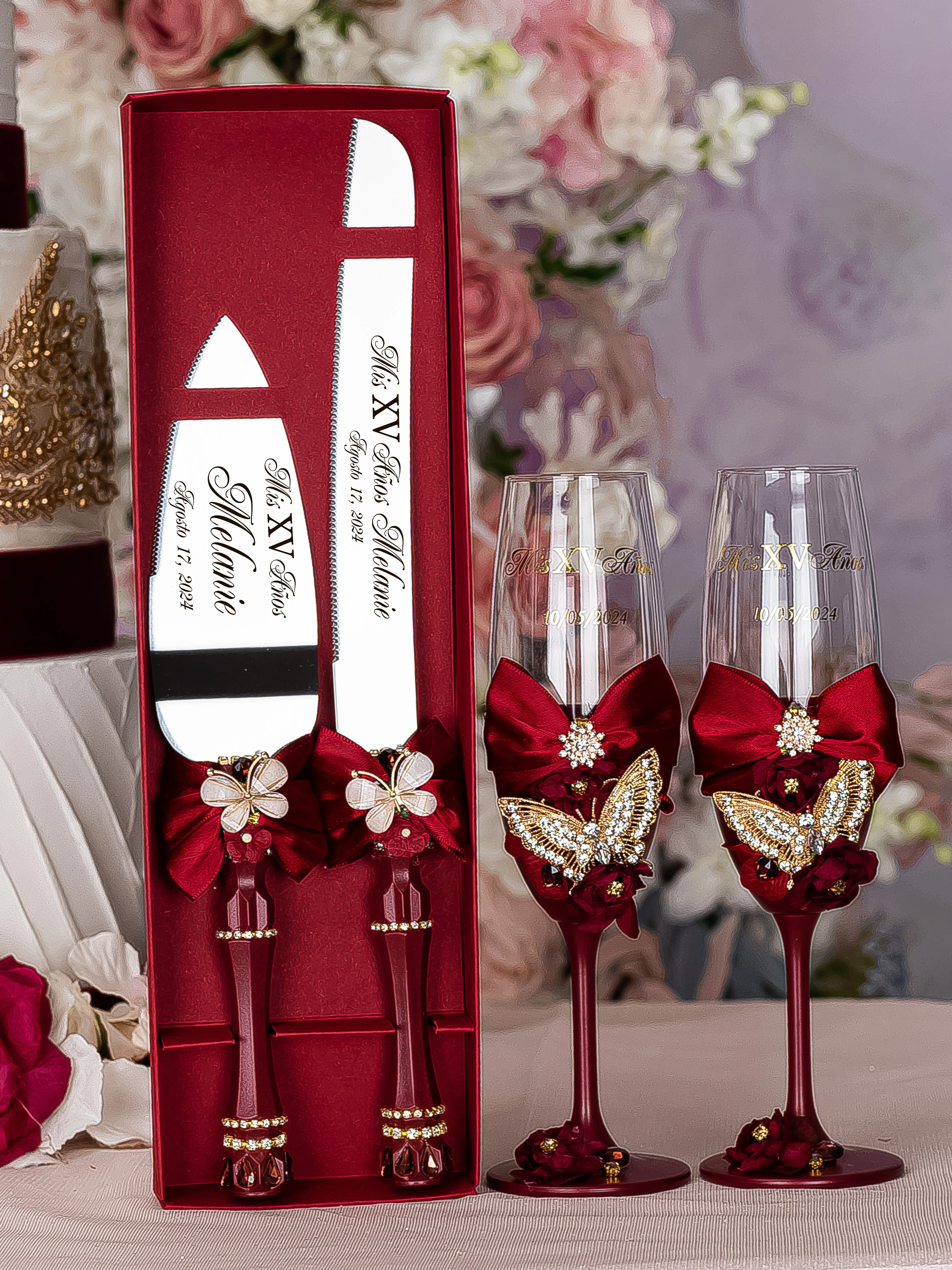 Burgundy with butterflies 2 quinceanera champagne glasses