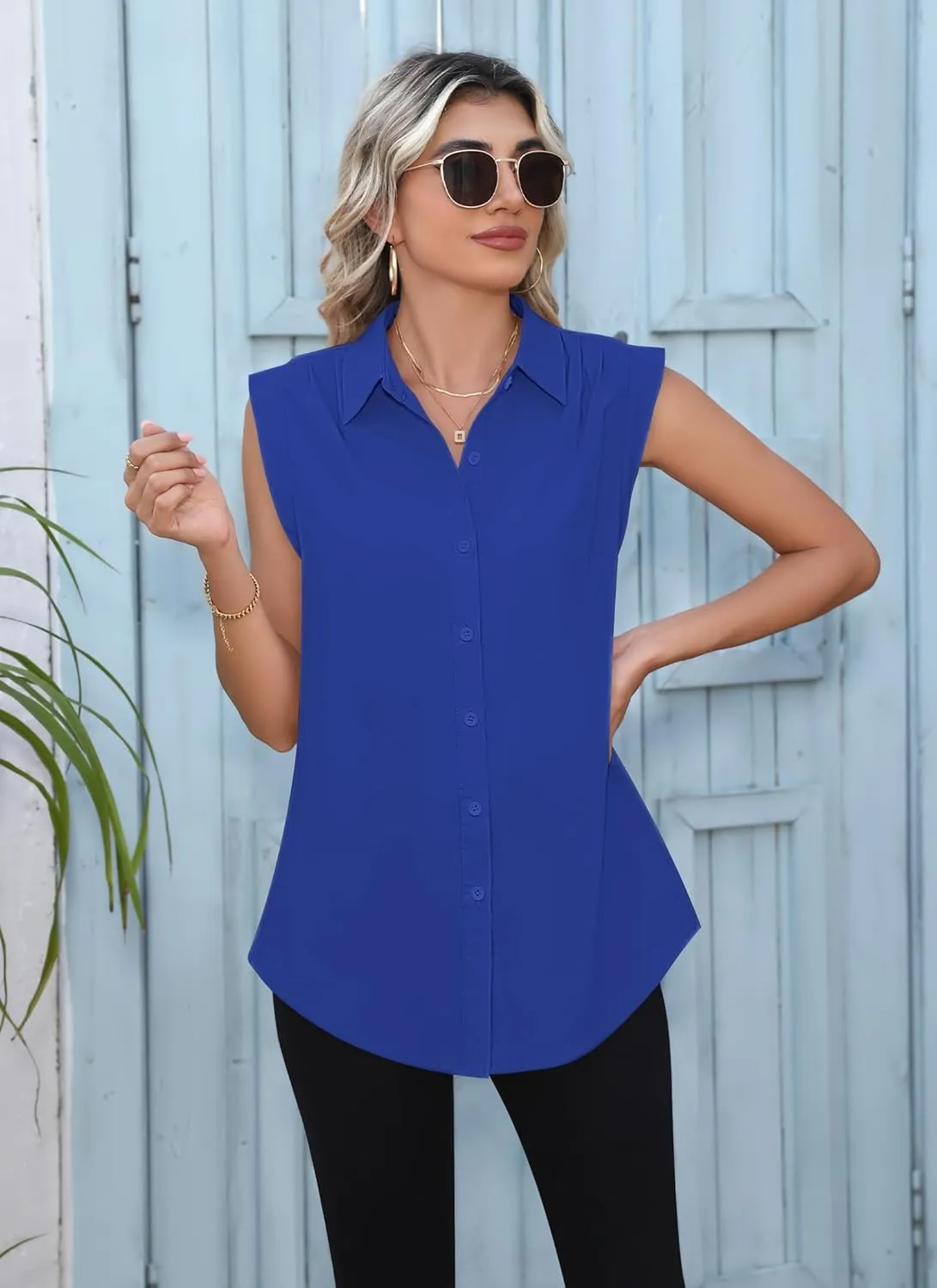 Cap Sleeve Button Down Shirts for Women Dressy Casual Work Blouses Business Basic Tank Tops Summer Flowy Shirt