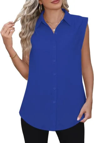 Cap Sleeve Button Down Shirts for Women Dressy Casual Work Blouses Business Basic Tank Tops Summer Flowy Shirt