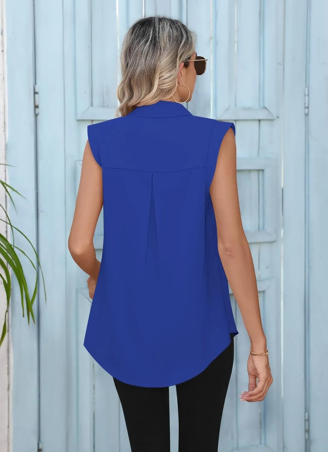 Cap Sleeve Button Down Shirts for Women Dressy Casual Work Blouses Business Basic Tank Tops Summer Flowy Shirt