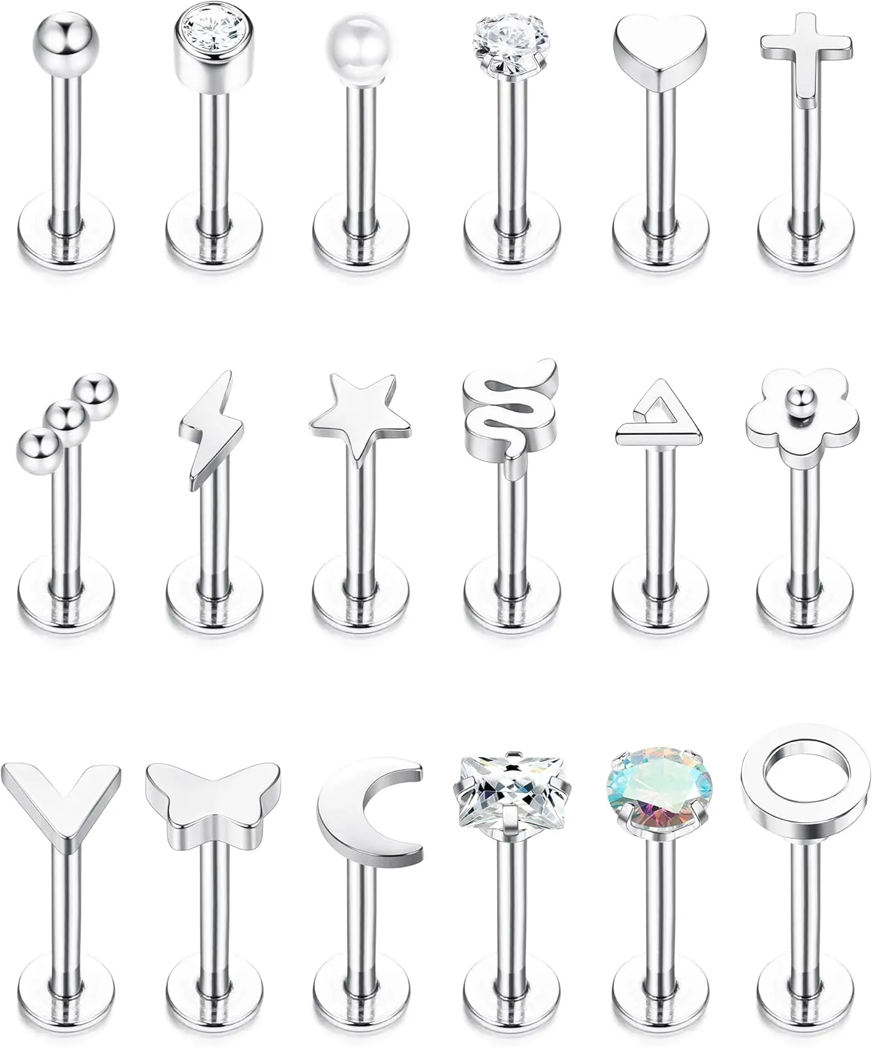 FIBO STEEL 18 Pcs 16G Forward Labret Helix Earrings Lip Nose Studs for Women Stainless Steel Tragus Medusa Conch Piercing Lip Jewelry Monroe Piercings Jewelry