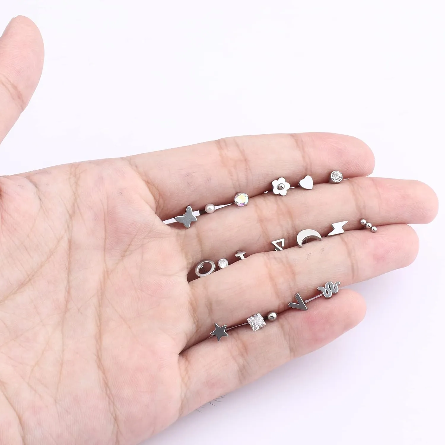 FIBO STEEL 18 Pcs 16G Forward Labret Helix Earrings Lip Nose Studs for Women Stainless Steel Tragus Medusa Conch Piercing Lip Jewelry Monroe Piercings Jewelry