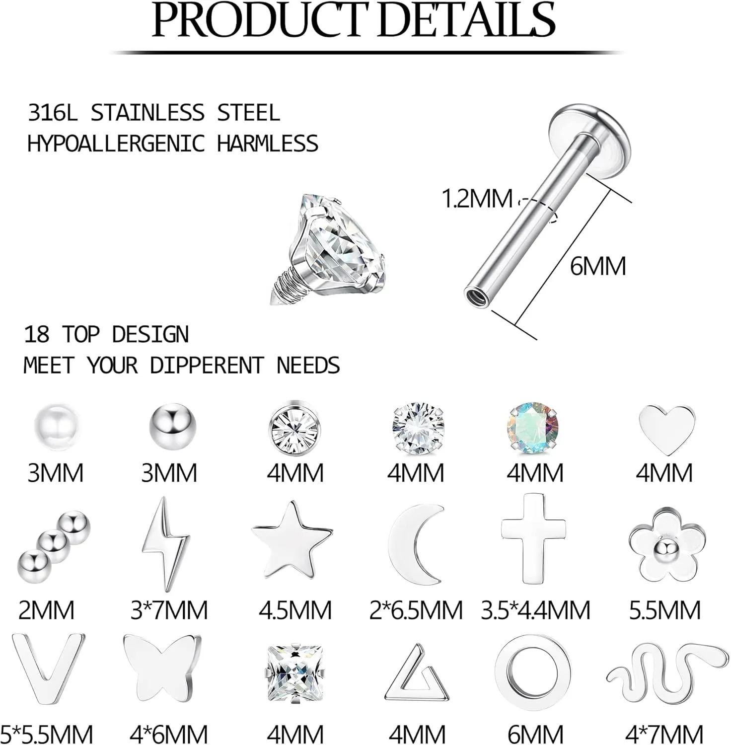 FIBO STEEL 18 Pcs 16G Forward Labret Helix Earrings Lip Nose Studs for Women Stainless Steel Tragus Medusa Conch Piercing Lip Jewelry Monroe Piercings Jewelry