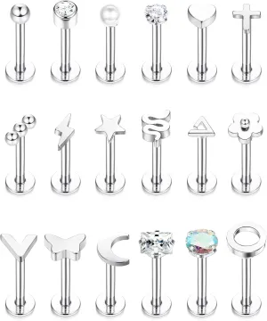 FIBO STEEL 18 Pcs 16G Forward Labret Helix Earrings Lip Nose Studs for Women Stainless Steel Tragus Medusa Conch Piercing Lip Jewelry Monroe Piercings Jewelry