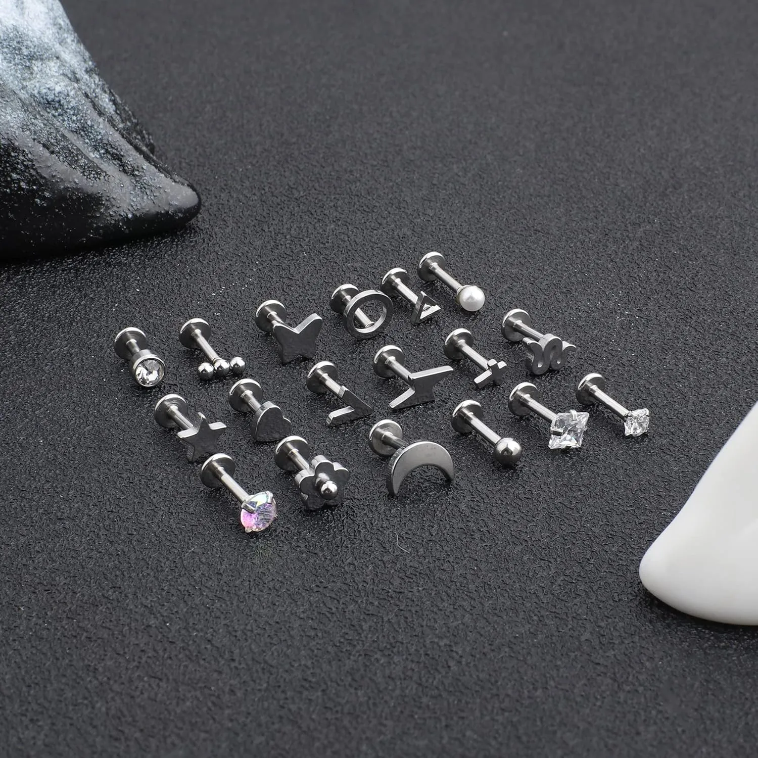 FIBO STEEL 18 Pcs 16G Forward Labret Helix Earrings Lip Nose Studs for Women Stainless Steel Tragus Medusa Conch Piercing Lip Jewelry Monroe Piercings Jewelry