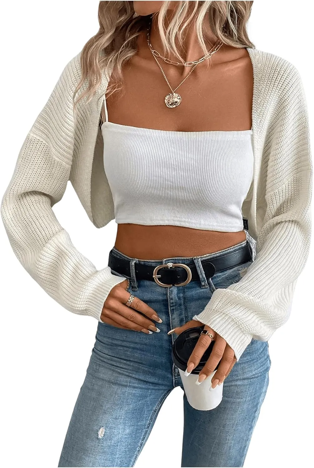 GORGLITTER Women's Long Sleeve Bolero Shrug Crop Cardigan Open Front Drop Shoulder Knit Sweater