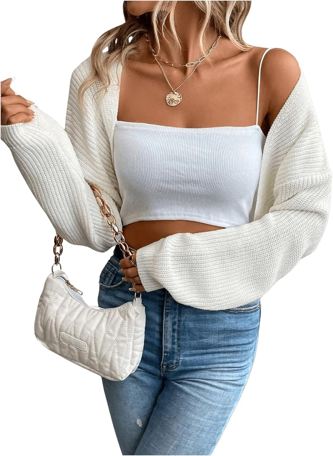 GORGLITTER Women's Long Sleeve Bolero Shrug Crop Cardigan Open Front Drop Shoulder Knit Sweater