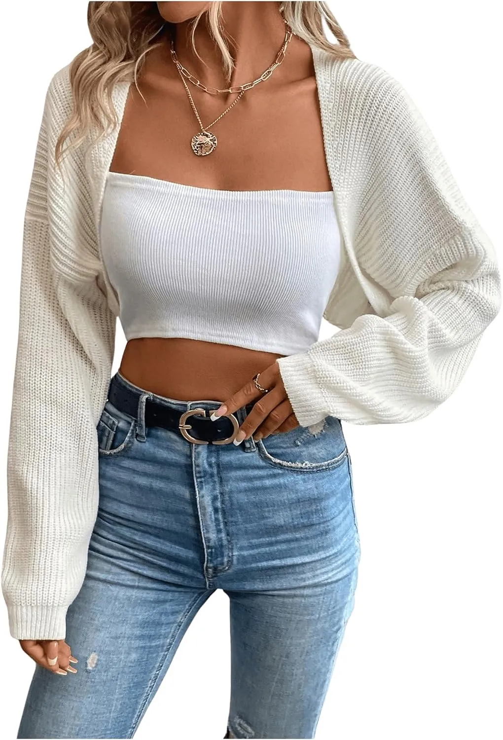 GORGLITTER Women's Long Sleeve Bolero Shrug Crop Cardigan Open Front Drop Shoulder Knit Sweater