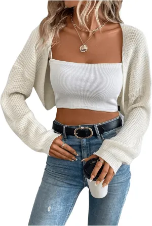 GORGLITTER Women's Long Sleeve Bolero Shrug Crop Cardigan Open Front Drop Shoulder Knit Sweater