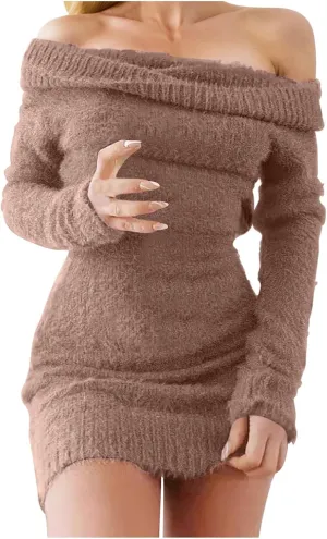 HGps8w Women's Off The Shoulder Sweater Dress Elegant Long Slleve Bodycon Mini Dress Fall Winter Fuzzy Warm Sweaters