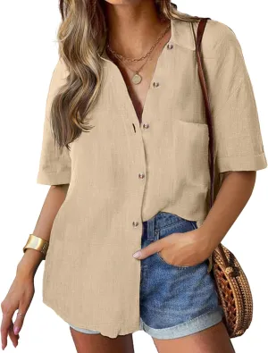 HOTOUCH Linen Shirts for Women Button Down Shirt Cotton Short Sleeve Collared Loose Fit Blouse Drop Shoulder Casual Tops