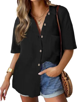 HOTOUCH Linen Shirts for Women Button Down Shirt Cotton Short Sleeve Collared Loose Fit Blouse Drop Shoulder Casual Tops