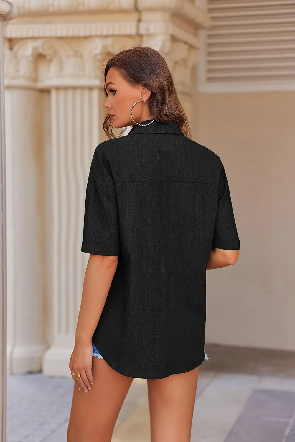 HOTOUCH Linen Shirts for Women Button Down Shirt Cotton Short Sleeve Collared Loose Fit Blouse Drop Shoulder Casual Tops