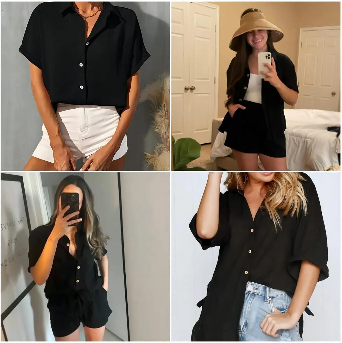 HOTOUCH Linen Shirts for Women Button Down Shirt Cotton Short Sleeve Collared Loose Fit Blouse Drop Shoulder Casual Tops