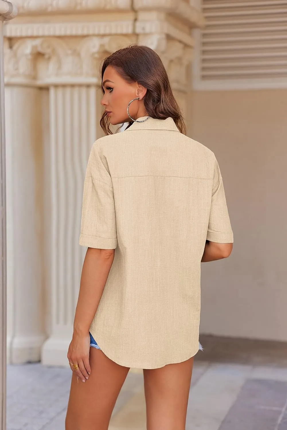 HOTOUCH Linen Shirts for Women Button Down Shirt Cotton Short Sleeve Collared Loose Fit Blouse Drop Shoulder Casual Tops
