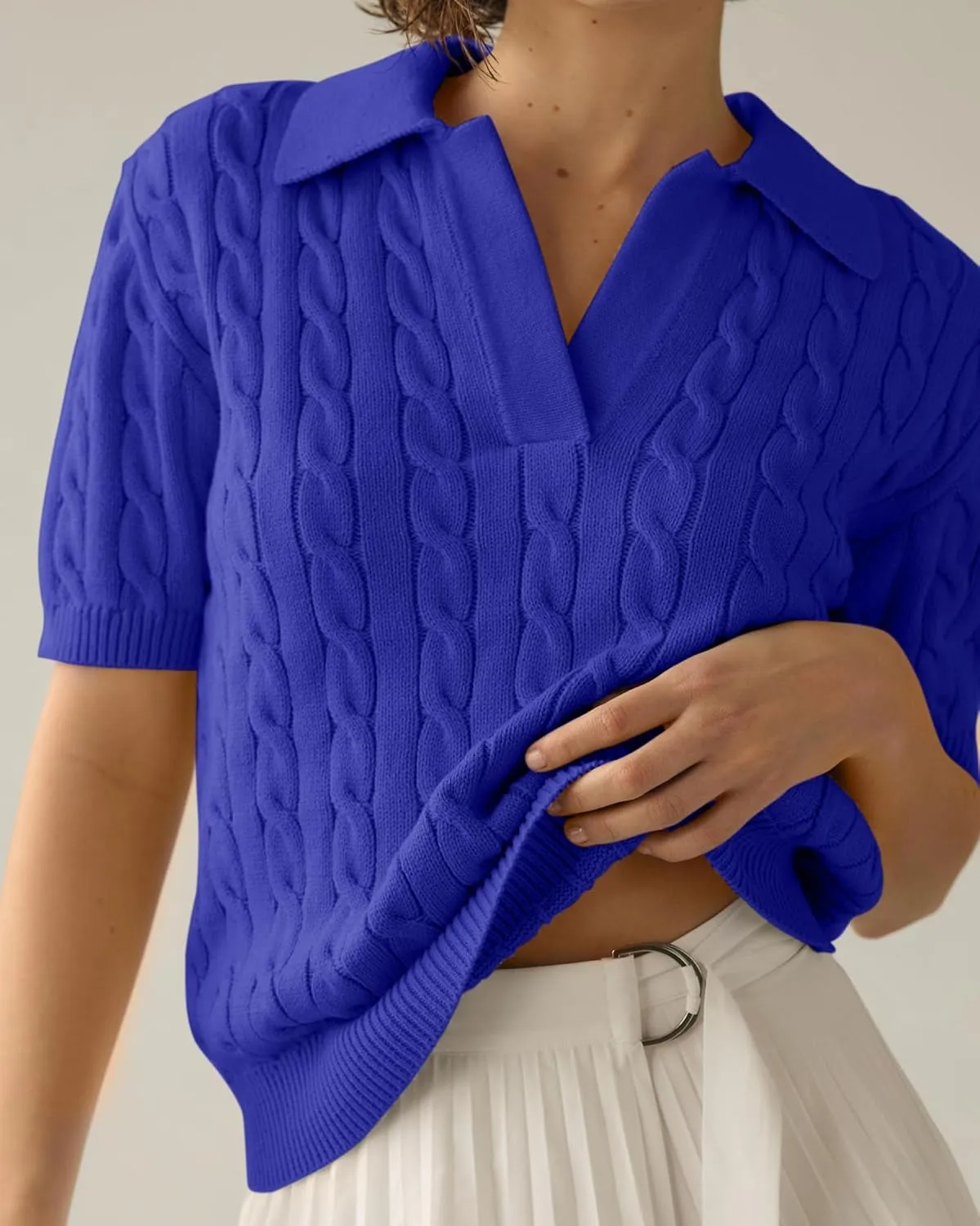 Imily Bela Women's Cable Short Sleeve Sweaters Tops Solid Lapel V Neck Knit Casual Soft Pullover Shirt