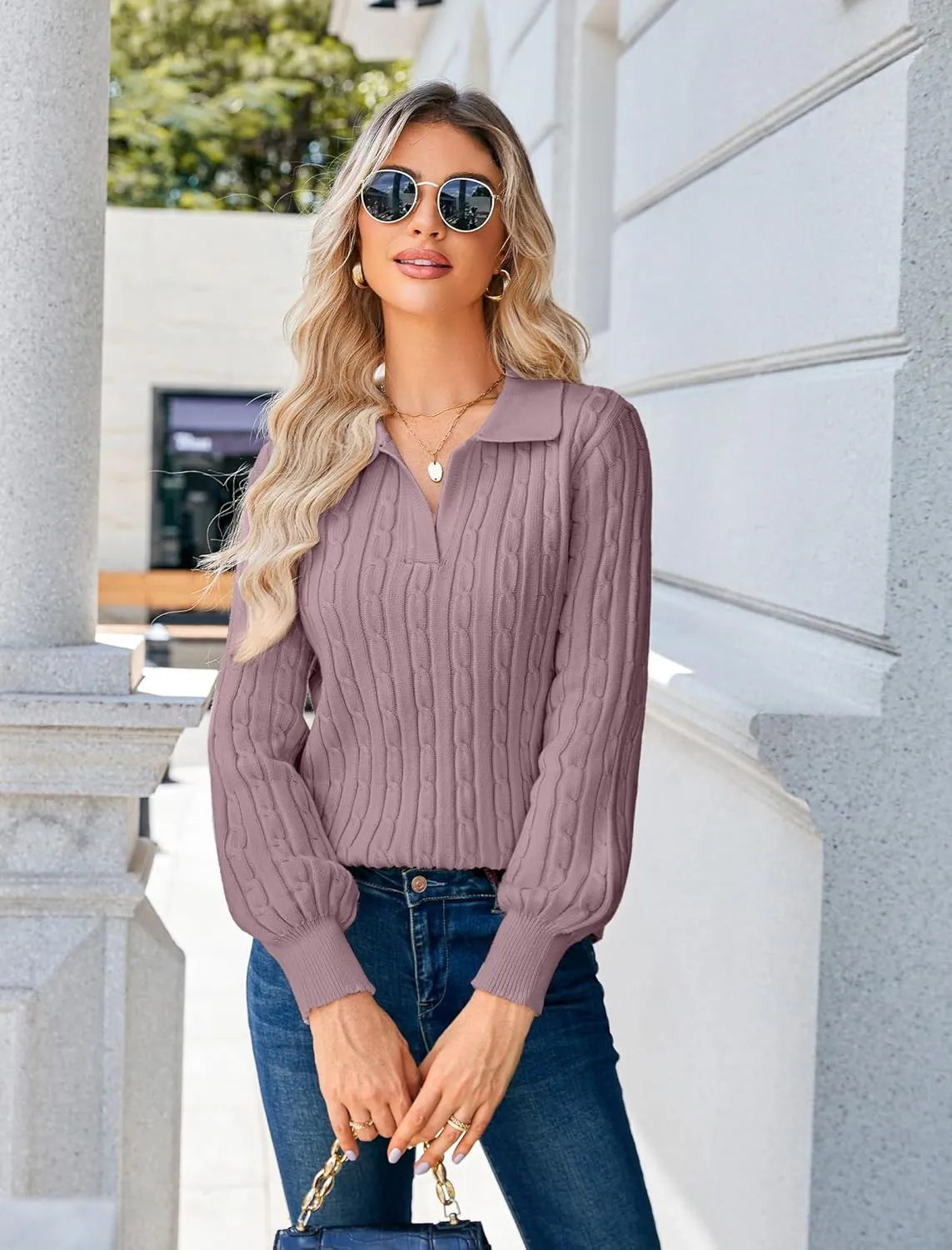 JUSTFASHIONNOW Womens Sweaters Polo V Neck Cable Knit Sweater Dressy Casual Pullover Jumper Tops Fall Winter Trendy