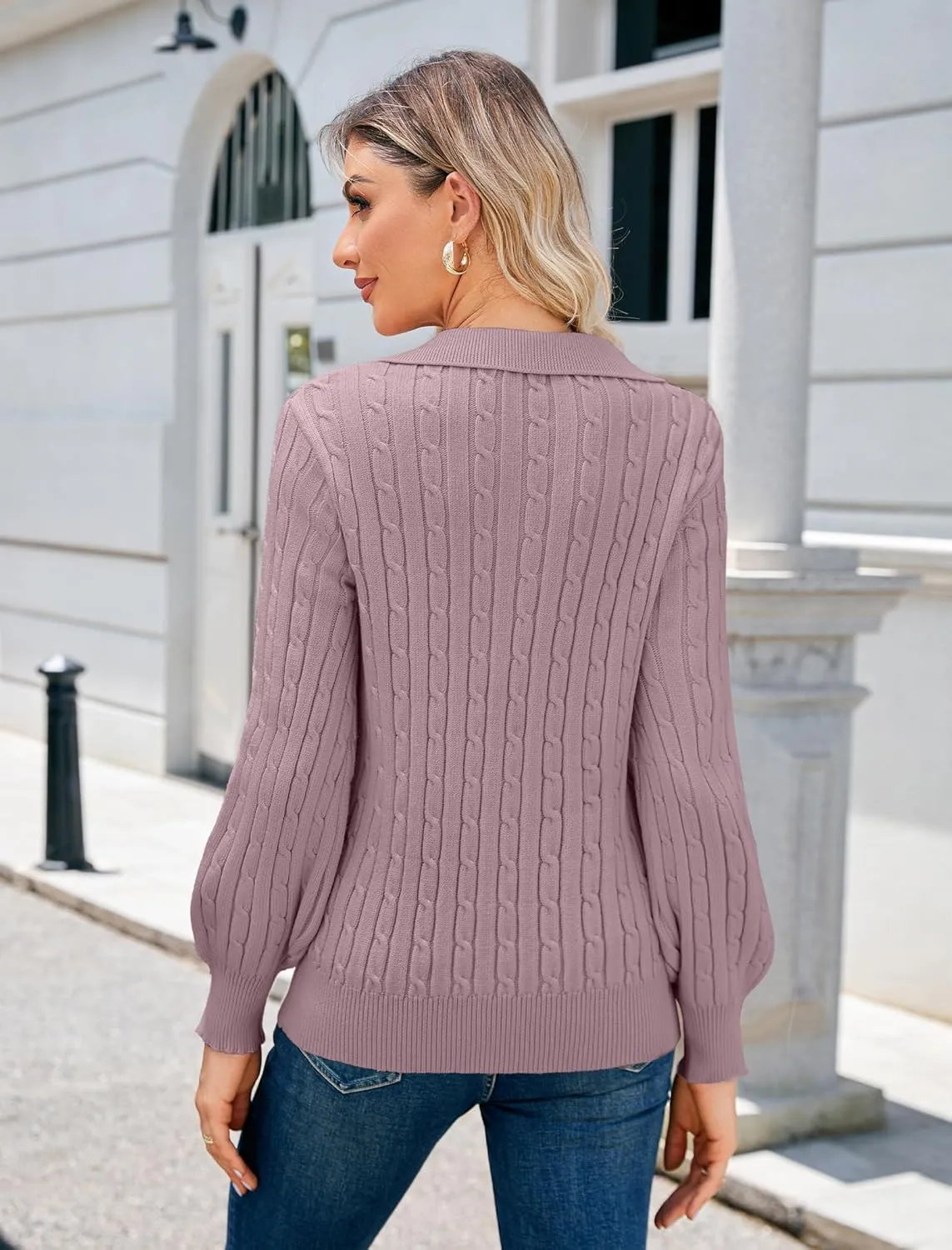 JUSTFASHIONNOW Womens Sweaters Polo V Neck Cable Knit Sweater Dressy Casual Pullover Jumper Tops Fall Winter Trendy